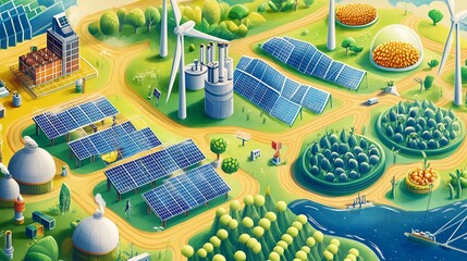 Renewable energy systems illustrated solar panels wind turbines and biofuel setups highlighting sustainability and innovation