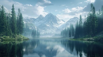 Naklejka premium Serene mountain lake reflecting snow-capped peaks and coniferous forest.