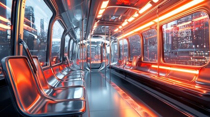 Futuristic subway car interior with city view. (1)