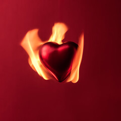 A metallic red heart engulfed by bright flames on a crimson backdrop, representing passion, love, heartbreak, or blazing devotion.
