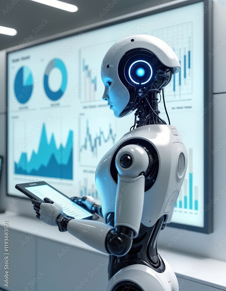 Aufkleber Sleek white robot analyzes financial data. Robot holds digital tablet with financial charts. Future tech. Modern office. Investment strategy. Advanced AI. Data processing. Financial analysis. Stock
