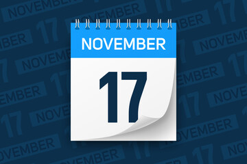 Calendar page with date November 17 vector illustration background