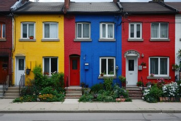 Obraz premium Vibrant Row of Painted Townhouses in a Lush Summer Neighbourhood with Brick Patios