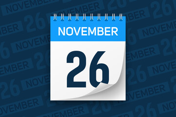 Calendar page with date November 26 vector illustration background