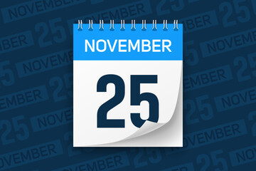 Calendar page with date November 25 vector illustration background
