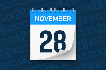 Calendar page with date November 28 vector illustration background