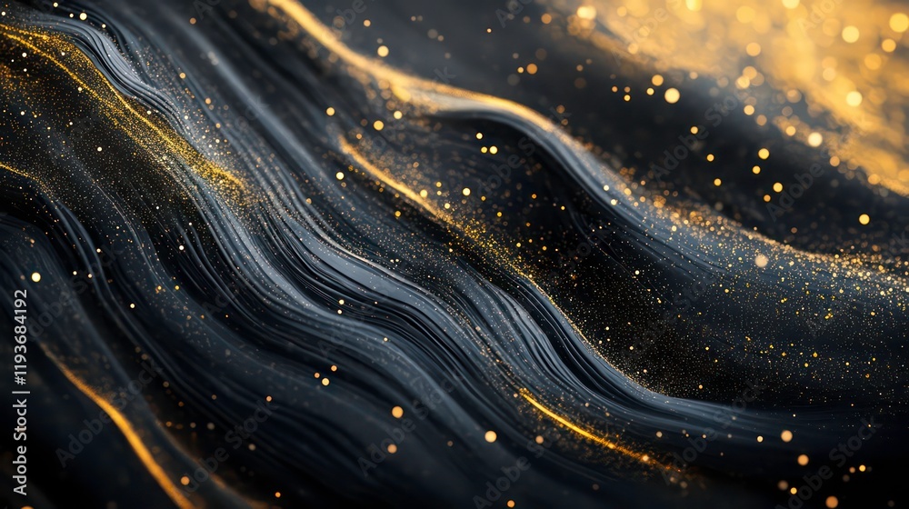Canvas Prints abstract image featuring dark wavy surfaces with golden light and dotted particles creating a shimme