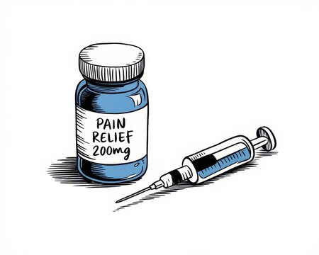Pain Relief Medication Bottle and Syringe Illustration