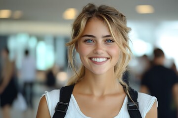 Portrait of a Happy Young Woman with Blonde Hair and Blue Eyes