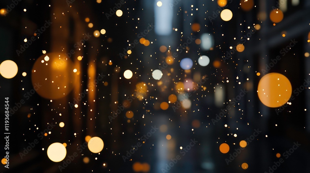 Poster abstract image of floating golden and white bokeh lights on a dark background creating a mesmerizing