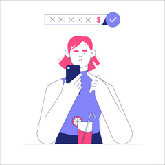 Obraz premium Woman Using Smartphone And Drinking Juice In Flat Vector Illustration Symbolizing Online Payment Verification, Secure Transactions, And Digital Banking, Isolated On White Background.