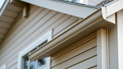 Obraz premium Modern House Exterior: Close-up of a Beige Rain Gutter and House Siding. High-quality image showcasing architectural details and home improvement concepts.