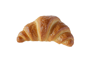 A single croissant on an empty white plate isolated against a transparent background.