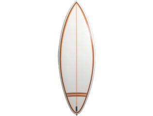 A white surfboard with orange stripes against a white background in a flat lay front view