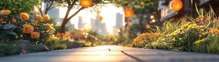 Enchanted Floral Forest Comes Alive: Wide Photographic Background with White Floor, Garland of Yellow Orange Beige Roses, Hanging Lanterns, Misty Fairy Atmosphere