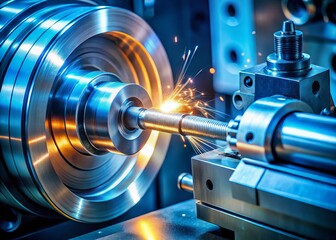 Fototapeta premium Precision Metal Lathe Work: Close-up Panoramic of Machining Process
