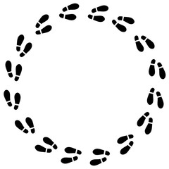 Black shoe prints arranged in perfect circle formation, isolated, minimalist visual pattern. Simple footsteps evoke mysterious journey, dance sequence, or being stuck in endless loop.
