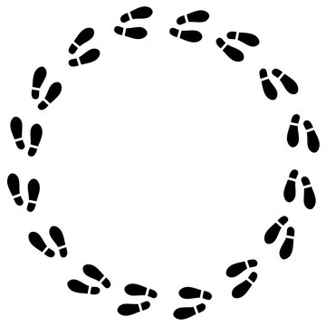 Black shoe prints arranged in perfect circle formation, isolated, minimalist visual pattern. Simple footsteps evoke mysterious journey, dance sequence, or being stuck in endless loop.
