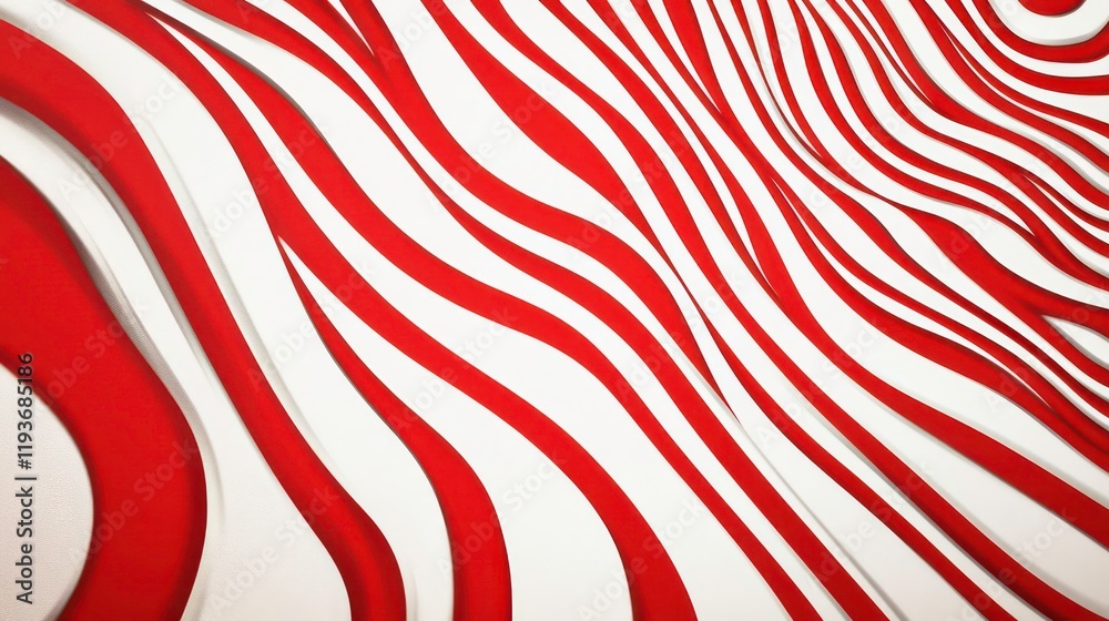 Poster abstract red and white wavy pattern with smooth curves and flowing lines, creating a dynamic and flu