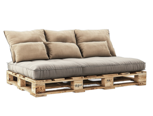 A simple and rustic sofa made from wooden pallets featuring soft cushions in neutral tones like beige or grey set against an isolated white background for easy image creation
