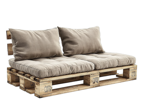 A simple rustic wooden sofa made from pallets with light gray cushions on a white background