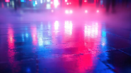 Fototapeta premium Abstract scene with red and blue neon lights in a foggy setting reflecting on a wet floor.