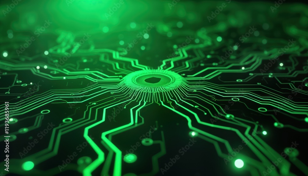 Poster Abstract eco tech design. Green circuit board pattern. Digital network flow. Modern abstract art. Futuristic tech background. Innovation, power, connection. System, automation concept. Eye-like