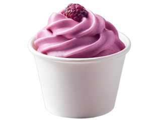 A photo of frozen berry ice cream in a white paper cup against a white background in high resolution