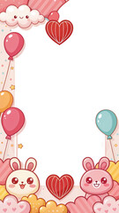 Valentine's Day design, photo frame, cover, card border, cute cartoon art, transparent background