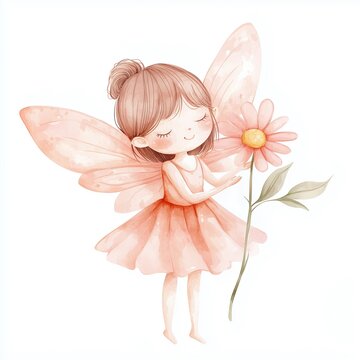 Sanfte rosa Fee mit Blume &ndash; M&auml;rchenhafte Illustration f&uuml;r Kinder
