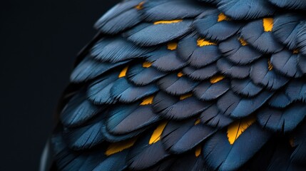 Fototapeta premium A close up of a bird's feather with a blue and yellow pattern