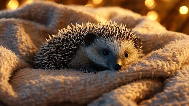 Cute hedgehog curled up in a cozy blanket.