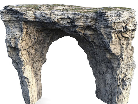 Cliff rock arch high-resolution white background photorealistic details hyperrealistic isolated on the edges of each cliff and rock formation top view front view side view low-angle view