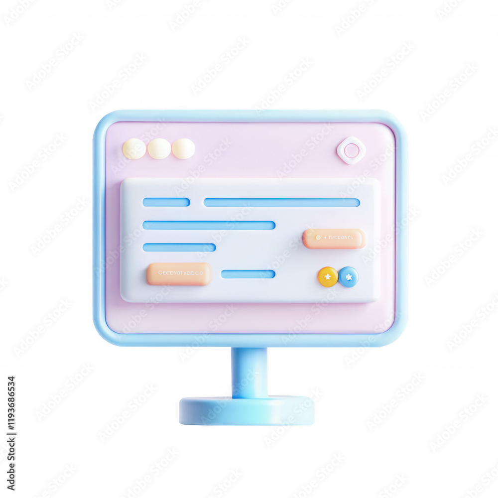 Fototapete A colorful 3d illustration of a computer monitor with pastel colors and playful buttons, showcasing a modern digital interface design.