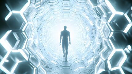 A human form materializing from concentric glowing hexagons each layer illuminated by soft neon tones.