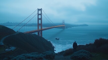 Solitary figure overlooking iconic bridge in foggy coastal scene.