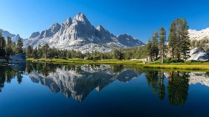 Fototapeta premium A pristine mountain range reflected in the still waters of a high-altitude lake with a clear blue sky above.