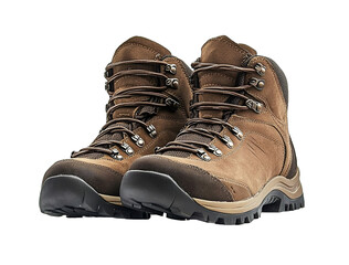 A pair of brown hiking boots on a white background detailed photograph PNG format
