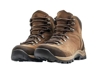 A pair of brown hiking boots on a white background detailed photograph PNG format