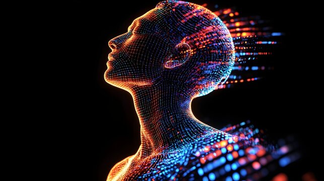 A human form materializing from concentric glowing hexagons each layer illuminated by soft neon tones.