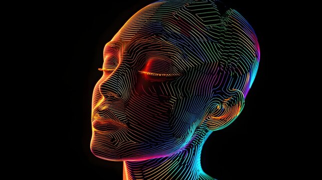 A human form materializing from concentric glowing hexagons each layer illuminated by soft neon tones.