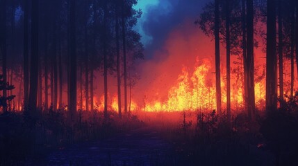 Fiery wildfire raging through a dark pine forest at night.