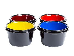 4 black plastic paint pots one blue one yellow and one red on a white background