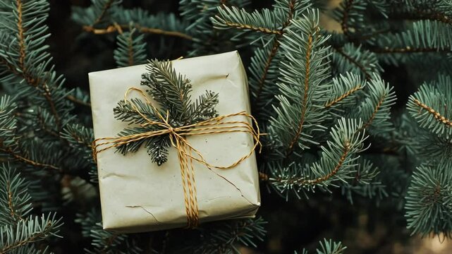 Gift wrapped with twine and pine leaves nestled among evergreen branches during the festive winter season