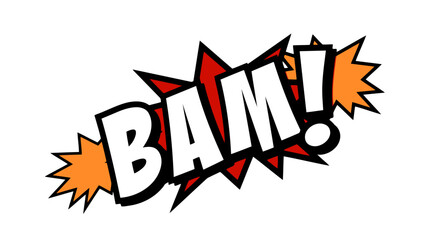 Comic strip speech cartoon with an explosion shape and the word Bam. White text, red and yellow spikes, isolated.
