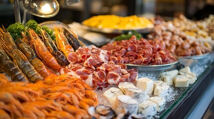 Obraz premium Gourmet seafood and cheese platter with assorted meats in a buffet display