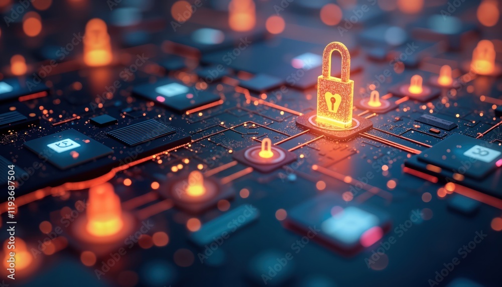 Aufkleber Digital data transfer secure. Encrypted data streams flow between glowing tech devices. Lock icons and shields emphasize protection. Secure tech concept. Modern tech illustration. Data safety.