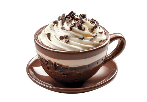 Hot chocolate with cream and chocolate shavings on top in a cup isolated on a white background.