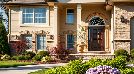 Luxury Home Exterior: Brick Facade, Landscaping, and Elegant Design