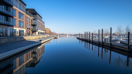 Waterfront cityscape with calm canal and modern buildings reflecting on the water